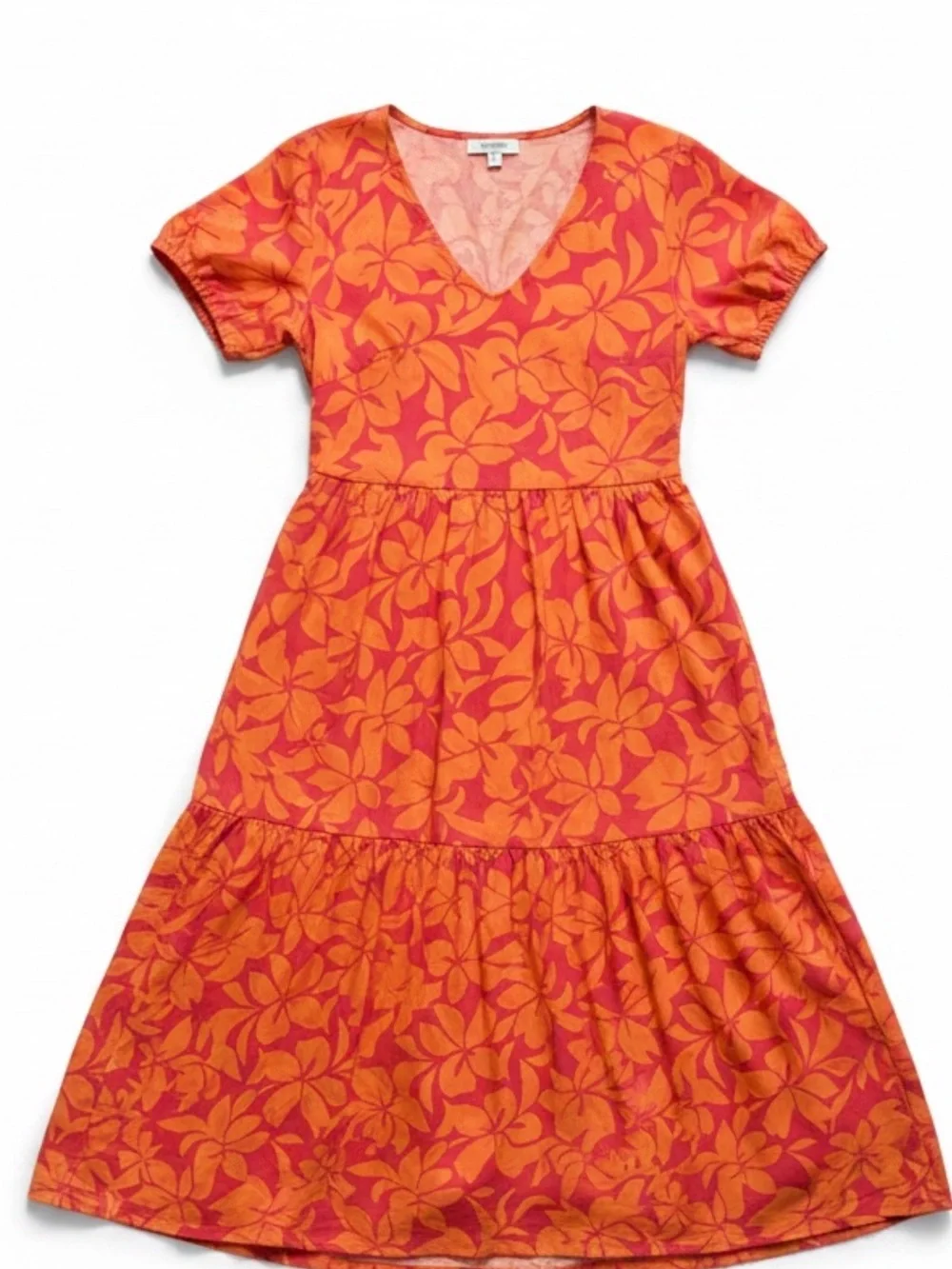 J.Crew Size 6 Orange Pink Tropical Floral Tiered Puff Sleeve Midi Dress Pockets